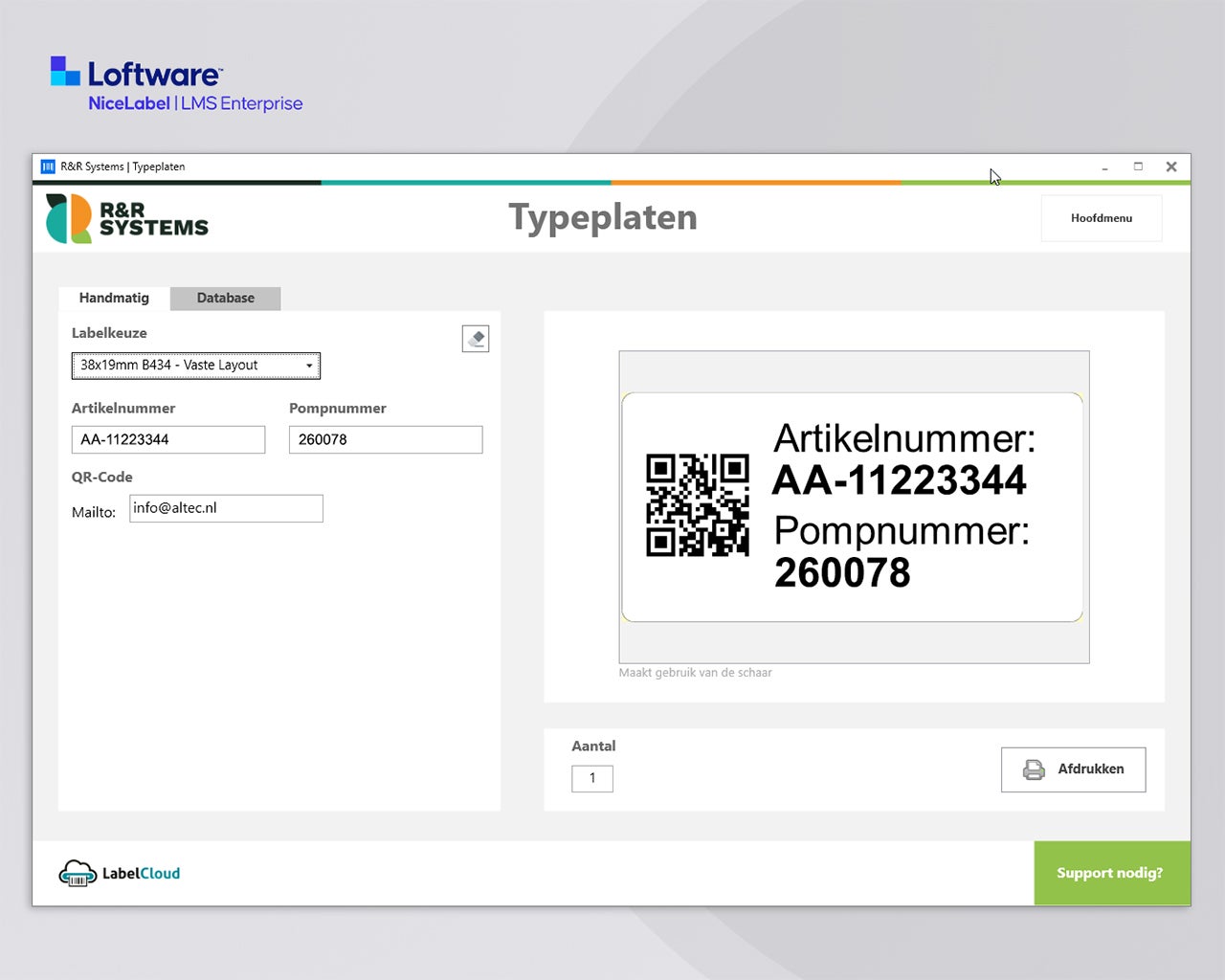 NiceLabel 10 LMS Enterprise applicatie voor het beheren en afdrukken van typeplaten met artikelnummers, pompnummers en QR-codes